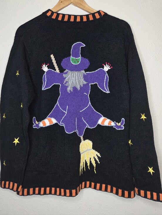 The Quacker Factory Sweaters - Vintage Quacker Factory Halloween Witch Cardigan Velvet Appliqué Embroidered L